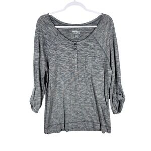 Lane Bryant Womens 14/16 Henley Top Gray Space Dye Roll Tab Sleeve Cotton Slub